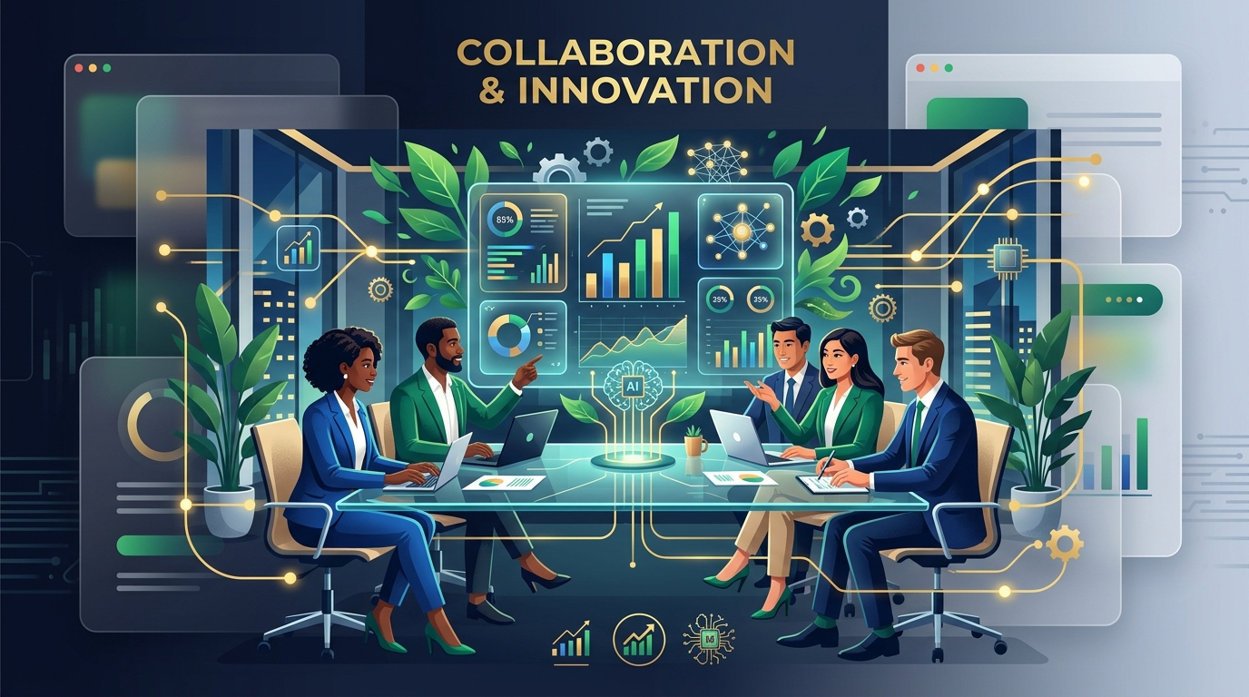 A modern vector illustration showing a diverse team of individuals working together using collaborative technology dashboard, in royal blue, green, and gold colors